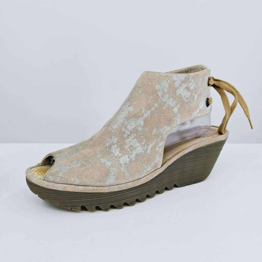 FLY London Yame Corcuma Leather Wedge Sandal 9 9.5 Rose Silver Metallic Peep Toe